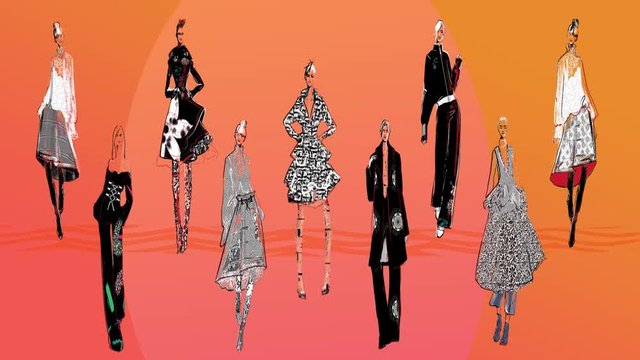 ANIMATED FASHION ILLUSTRATION OF RUNWAY MODELS SHOWCASING DIFFERENT OUTFITS. 