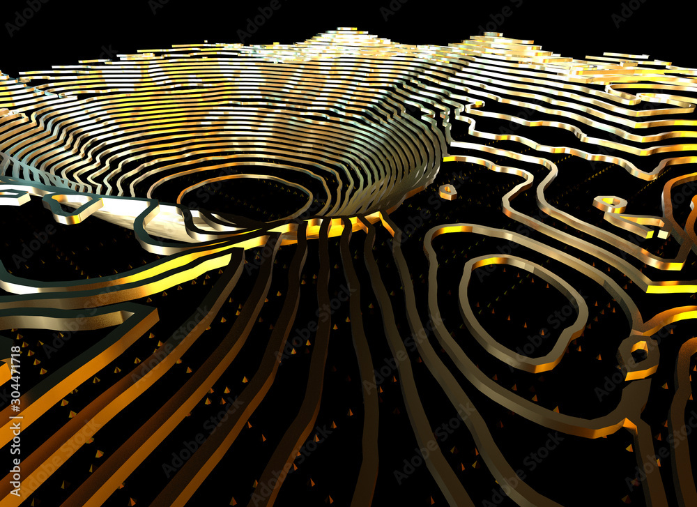 Poster Abstract topographic map 3D background with shiny golden lines in sci-fi technology style. 3D illustration