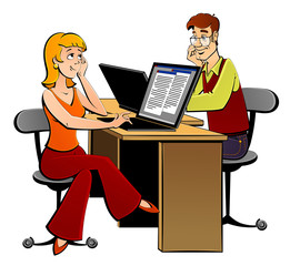 A man and a woman work in an office opposite each other and look at each other. Cartoon style, contour stroke.