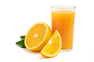 Glass of fresh orange juice with fruits cut in half and sliced with green leaf isolated on white background