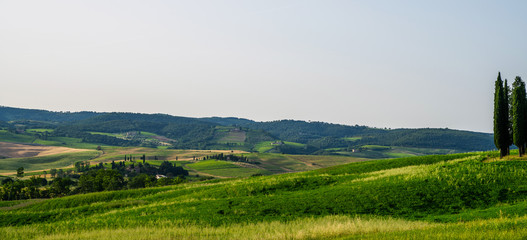 Tuscany rural sunset landscape. Countryside farm, cypresses trees, green field, sun light and cloud. Italy, Europe. Vintage tone filter effect with noise and grain.
