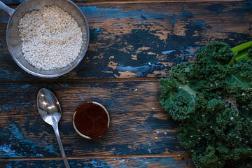 Cooking cakes. Shooting the process on a smartphone. On the table are the ingredients for the preparation