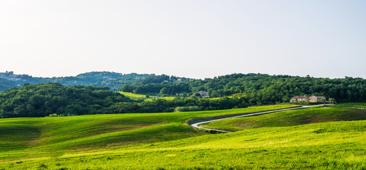 Tuscany rural sunset landscape. Countryside farm, cypresses trees, green field, sun light and cloud. Italy, Europe. Vintage tone filter effect with noise and grain.