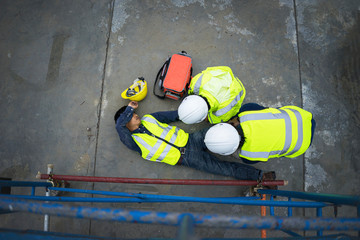 Basic first aid training for support accident in site work, Builder accident fall scaffolding to...