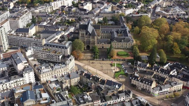 Old and modern architecture aerial shot le Mans tramway line France Sarthe 