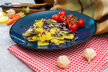 Salmon Ravioli Fondue Of Spinach With Cream