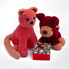 Handmade Amigurumi dolls: rats, dog, cat photographed on a white background.