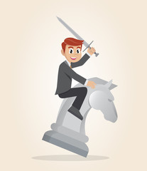 Cartoon character, Businessman riding chess horse with a sword.