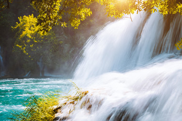 Fototapeta na wymiar Skradinski buk the most unusual waterfall in Krka National Park. Location place Croatia, Europe.