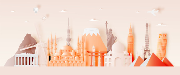 Various travel attractions in paper art style
