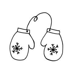 Graphic illustration. Mittens with  snowflake, silhouette, simple,  cute, black lines on white  background, isolated, sketch, Doodle.