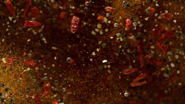 Super Slow Motion Shot of Colorful Seasoning Explosion on Black Background at 1000fps.
