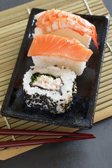 Japanese Uramaki & nigiri sushi made with salmon and prawn 