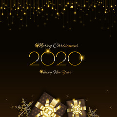 Merry Christmas design with glowing glittering lights curtain and gift boxs