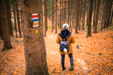 Touristic sign or mark on tree next to touristic path with female tourist in background. Nice autumn scene. Forrest trail.
