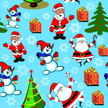 Illustration seamless pattern with christmas trees, gifts, snowflakes, dancing santa and snowman.