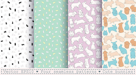 Four seamless patterns with cute bunnies. Cartoon white, bluee rabbits on a pastel backgrounds. Linear, outline drawing.