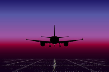 Airplane in the sky over the lights of a big city at sunset. Vector image.