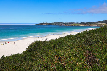 A fogbank lies offshore from Beautiful Carmel Beach