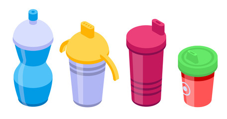 Sippy cup icons set. Isometric set of sippy cup vector icons for web design isolated on white background