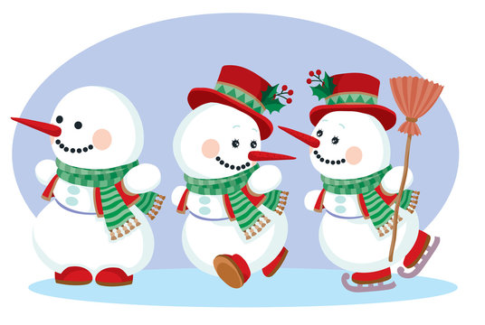 three snowmen in green scarves and red top hats with a broom rejoice that the New Year holiday is coming soon,