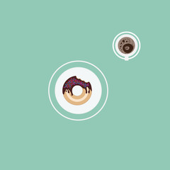 A donut on plate and cup of coffee top view.Vector food.