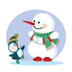 snowman in a green scarf and a little penguin in a hat rejoice that Christmas and winter have arrived,