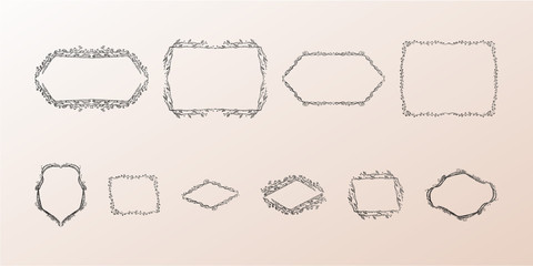 Set of floral frames. Hand drawn isolated design elements. Vector 10 EPS.