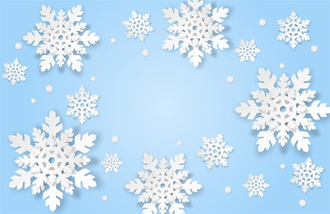 Merry Christmas , winter  background . Design with paper art style snowflakes on blue background .vector, illustration.