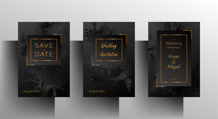 Set of wedding invitation templates. A simple black and graphite design with hand-painted floral elements and gold frames. Vector 10 EPS.