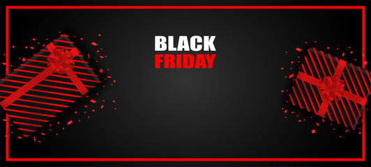 Fototapeta na wymiar Black Friday Sale . Design with black, red gift box and foil confetti on black background .Vector. illustration.