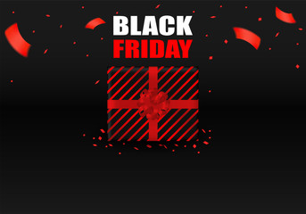 Black Friday Sale . Design with black, red gift box and foil confetti on black background .Vector. illustration.