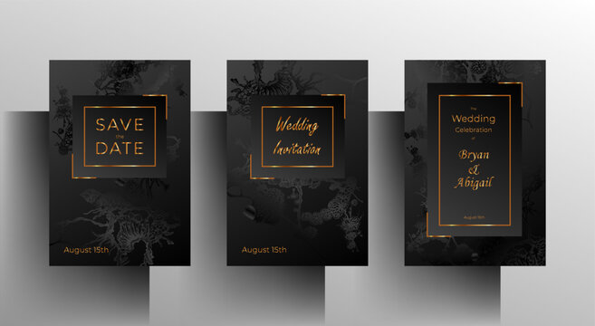 Set of wedding invitation templates. A simple black and graphite design with hand-painted floral elements and gold frames. Vector 10 EPS.