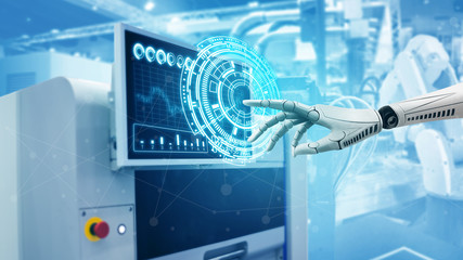 A robotic mechanical arm. Cybernetic organism with Artificial Intelligence working with virtual Infographic screen on background robot industry. Futuristic design concept.