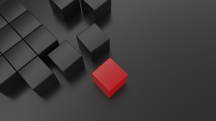 black abstract background with cubes and one red cube , wallpaper 3d illustration