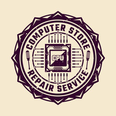 PC repair service vector round emblem with CPU