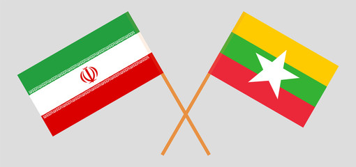 Crossed flags of Myanmar and Iran. Official colors