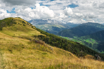 Beautiful autumn landscape with mountain field and villages Tsvirmi and Ipari in Svaneti Georgia
