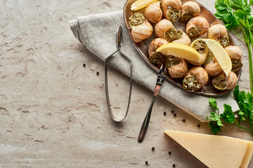 top view of delicious served escargots near fresh ingredients on stone background