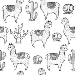 Alpaca seamless pattern. Hand drawn vector illustration. Cute llamas and cactus. Alpaca, llama, cactus background.