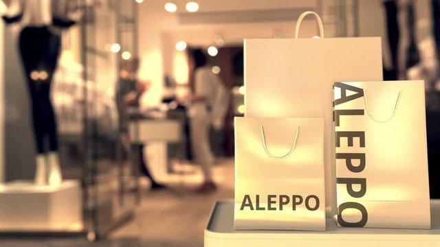 Paper bags with Aleppo text. Shopping in Syria related 3D animation