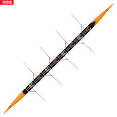 Eight Racing shell with man paddlers for rowing sport. Eight paddlers race. White and Black Man inside boat. Top view. Vector Illustration isolated on white background. © VITAMIN