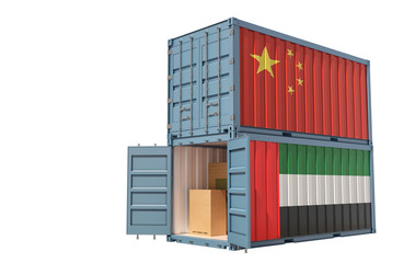 Two freight container with United Arab Emirates and China national flag. 3d rendering 