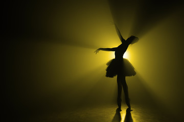 Fototapeta na wymiar Copy space. Silhouette of dramatic girl dancing ballet in tutu on stage in front of spotlight with colored yellow neon light. Volumetric painting, smoke scene.