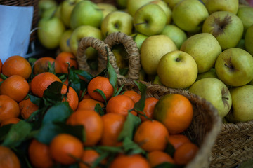 Fruits and vegetables at a farmers market. Bio, healthy food. Vegetarian food.
