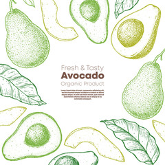 Avocado hand drawn illustration. Avocado frame. Sketch vector illustration. Can used for packaging design.