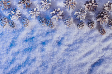 Neon colored light. Christmas cones scattered on the snow. Snow background with pine cones. Christmas composition, Flat lay, top view, copy space