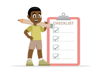 Cartoon character, African boy with marked checklist.