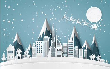 Christmas and happy new year Paper art design blue vector background with cityscape and fireworks celebration concept