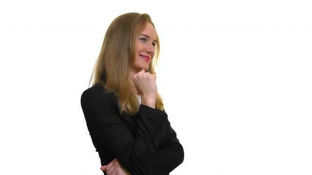 Happy businesswoman laughing on isolated white background. Attractive blonde lady giggling her head as she dance in the music as mock up